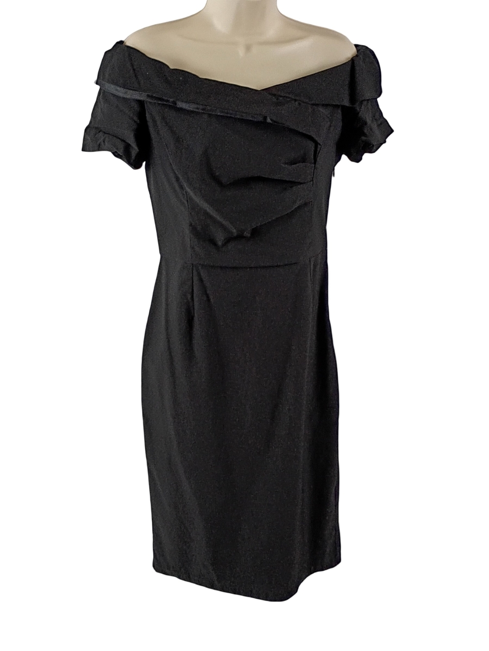 Off-Shoulder Black Midi Dress with Folded Bodice Detail